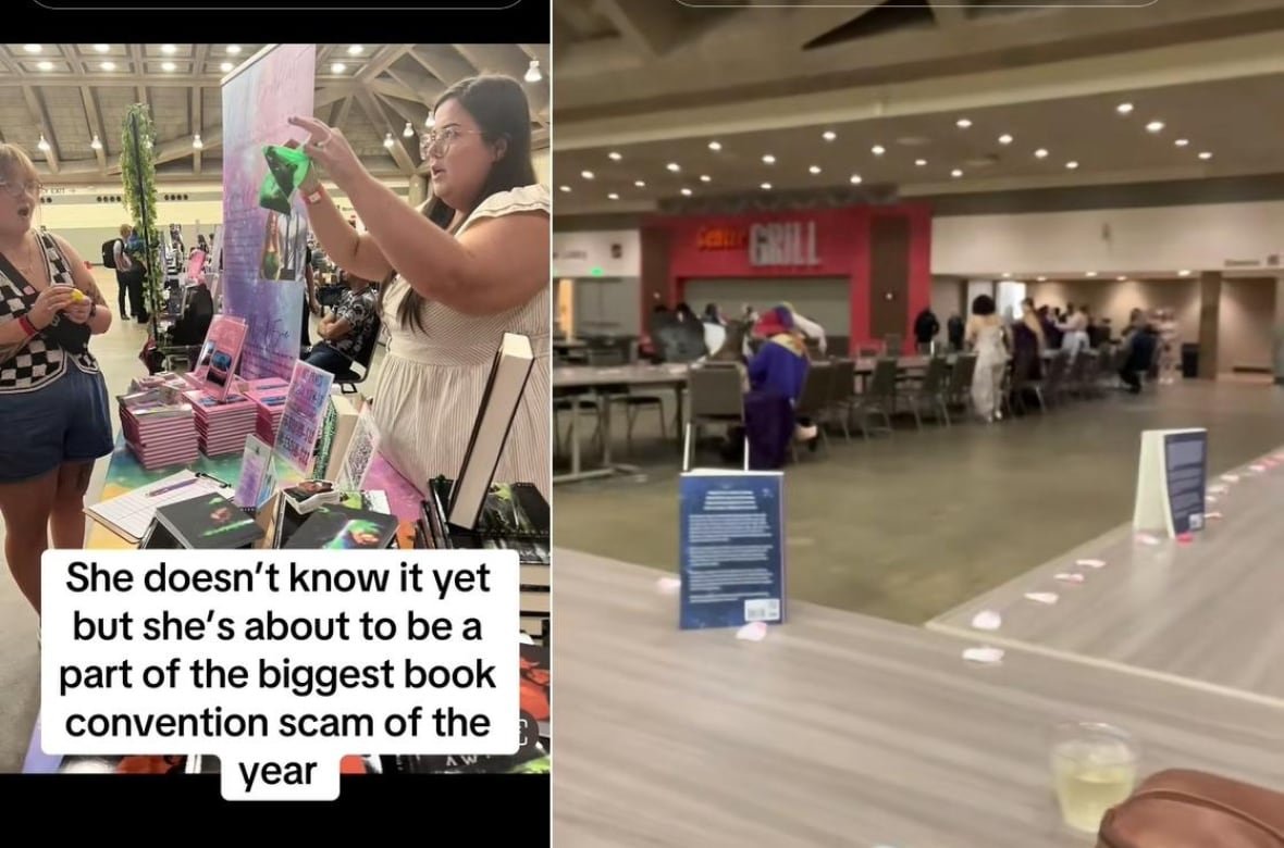 Two images are spliced together in a composite, one showing a woman holding things up while standing behind a booth piled with books, with the words, "She doesn't know it yet but she's about to be a part of the biggest book convention scam of the year," overtop, while the other shows a nearly empty room, with rose petals visible scattered along the top of a table and some well-dressed people in the distance. 