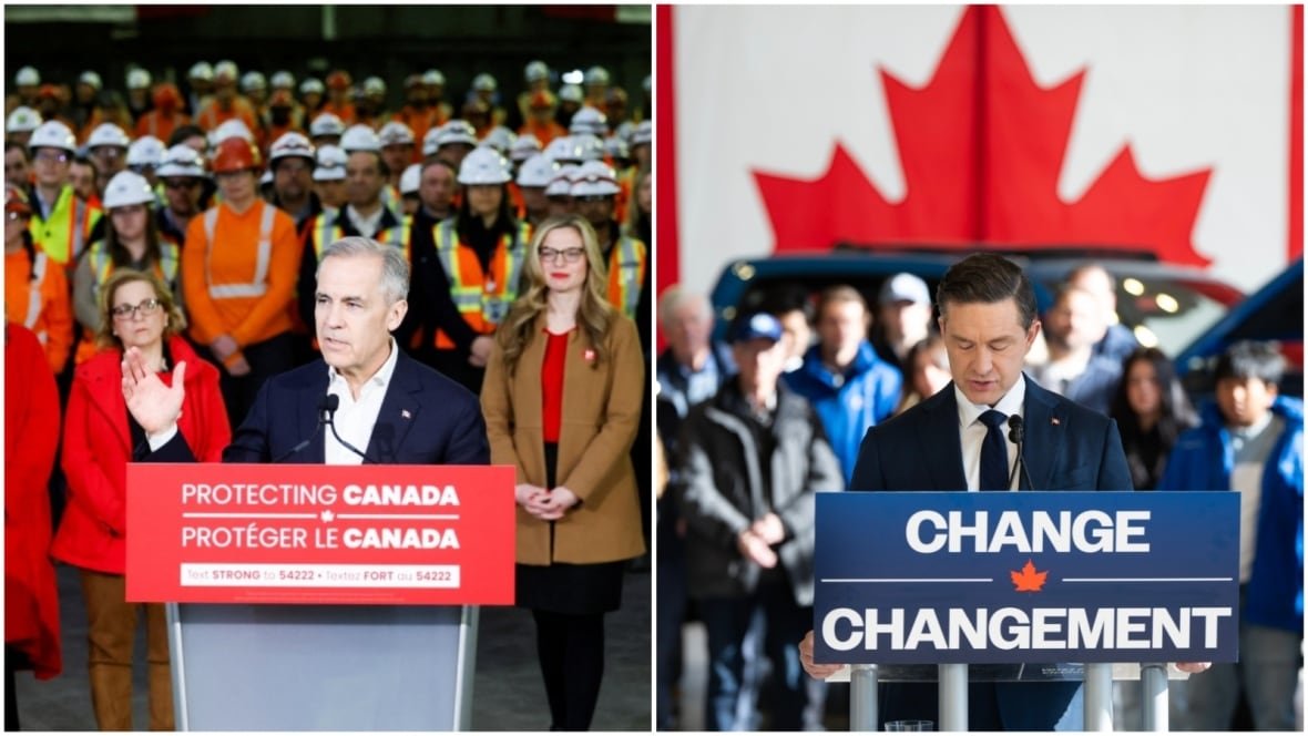 A photo collage with two photos, each of a different man speaking at a podium with a crowd standing behind him.