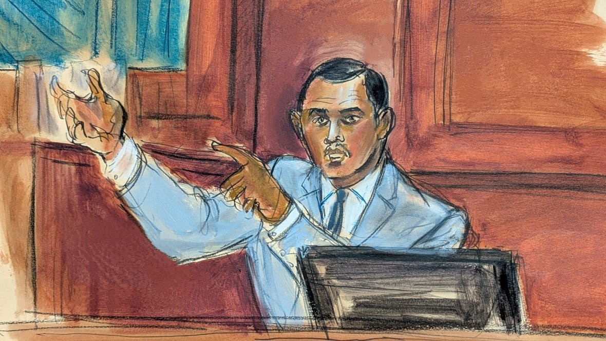 A drawing of a man in a blue suit sat behind a desk of some type. He is gesturing. 
