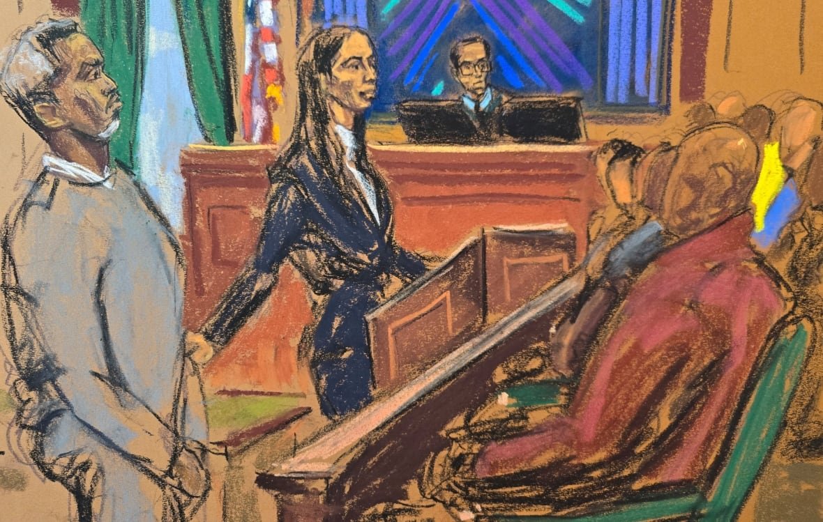 In this drawing, a woman in a dark blue suit gestures to a man standing next to her as she addresses a seated jury. The judge is visible beyond her. 