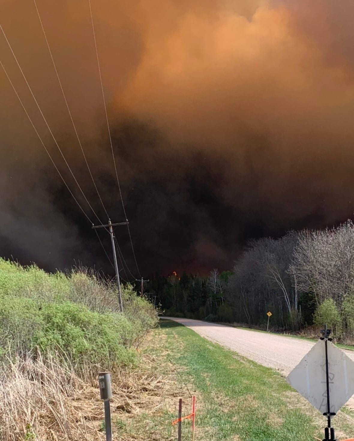 Black smoke from a forest fire fills the image above trees.