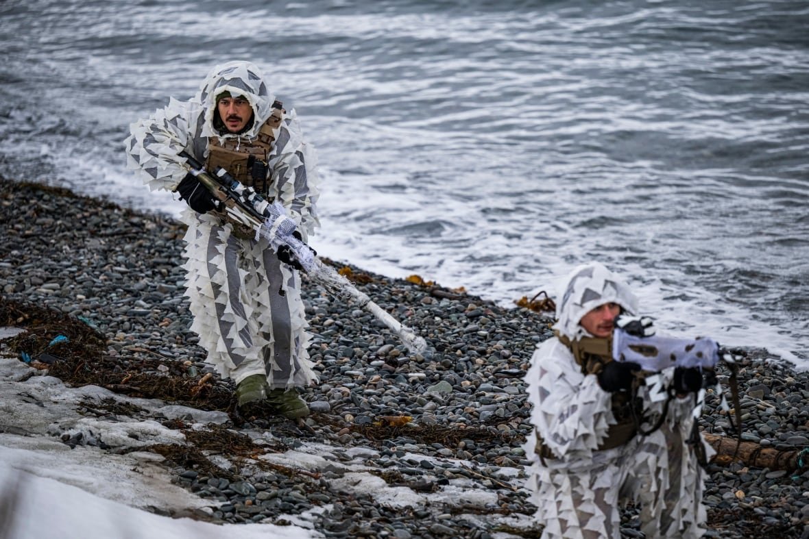 Marines wearing cold-weather camouflage hold weapons as they walk on a rocky, snowy shore.