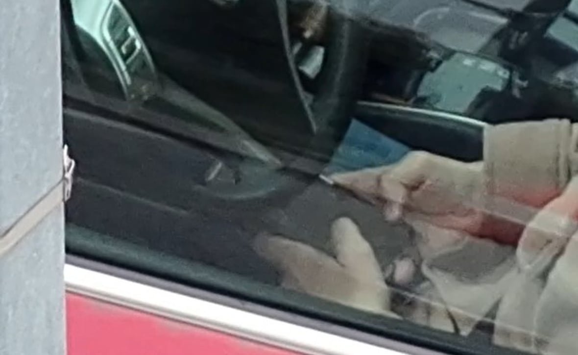 A grainy photo of a person holding a cell phone under their steering wheel.