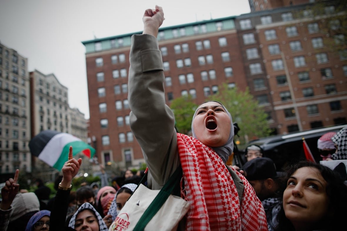 Pro-Palestinian protesters gather outside Columbia University in New York