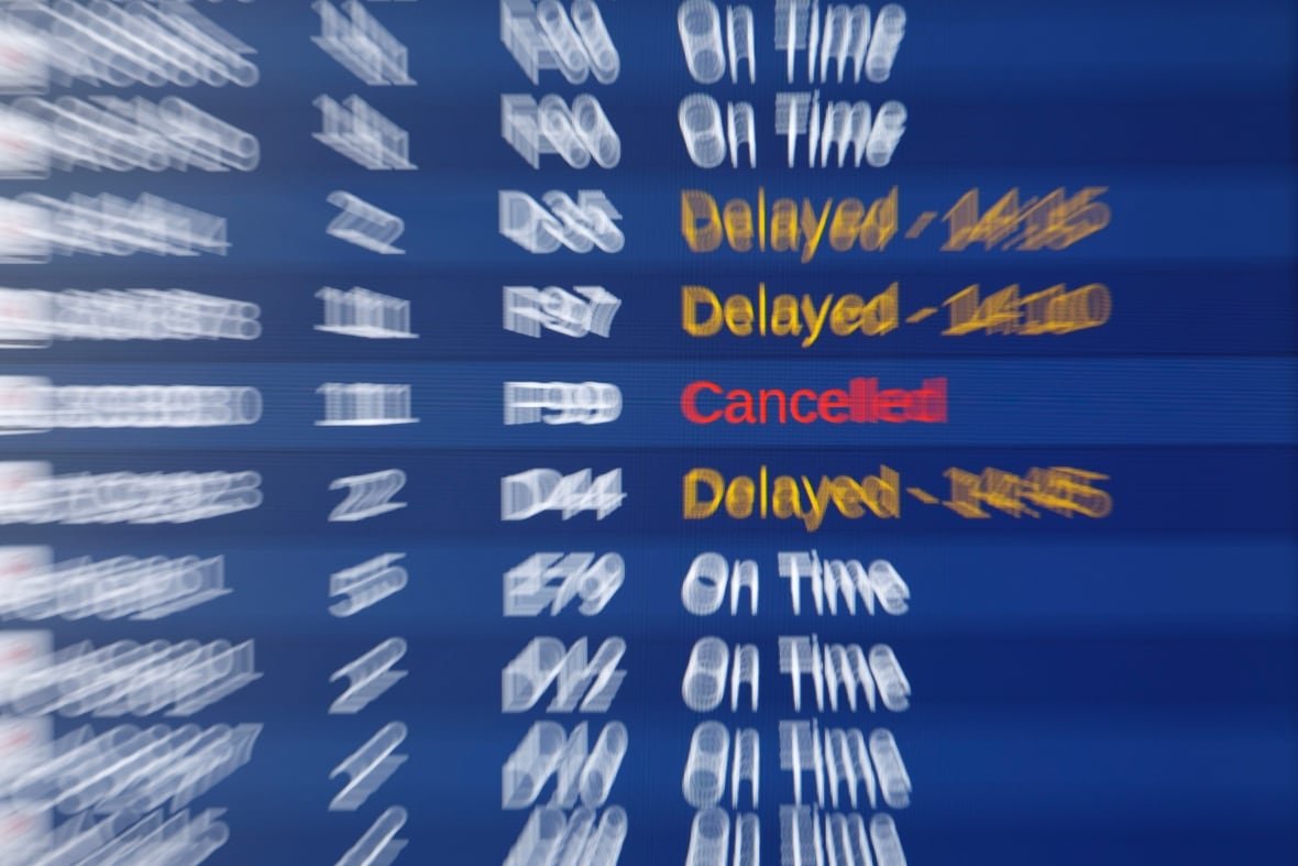 A zoom-in of a sign shows an arrivals/departures board with multiple flights delayed and one cancelled.