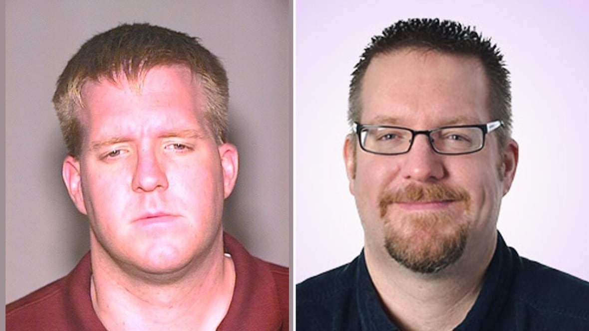 A man in a red shirt and the same man, roughly 20 years later, wearing a dark shirt