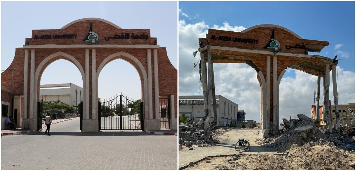 A composite image shows two version of a large, brick facade with black cast-iron gates. The image on the left shows the gate in tact. In the image on the right, it is crumbling and damaged, though still standing. 
