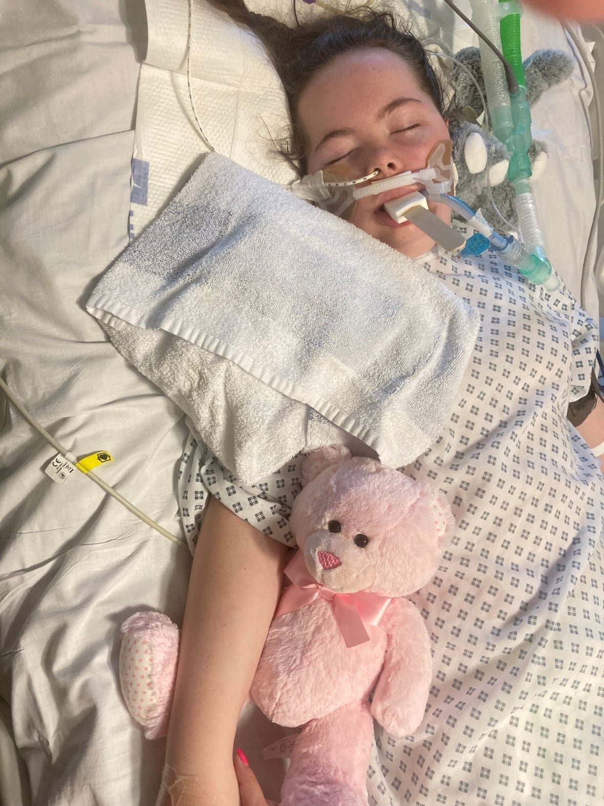 A young woman lies unconscious in a hospital bed, intubated. There is a teddy bear next to her, and a hand holding her hand.