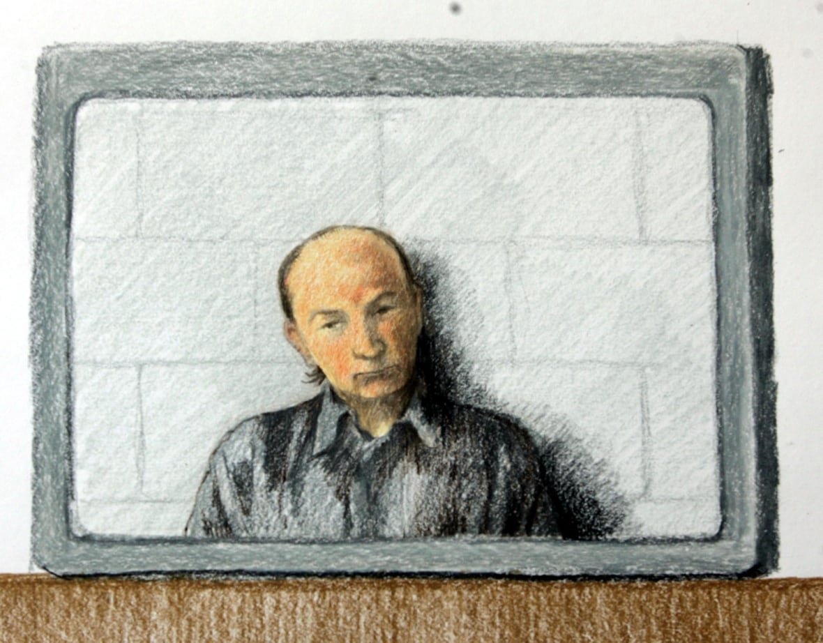 This is a artist's drawing of Robert Pickton appearing on a video link to B.C. Supreme Court in New Westminster, Wednesday May 25, 2005.  Pickton was charged with 12 new counts of first-degree murder and now faces 27 charges of murder.