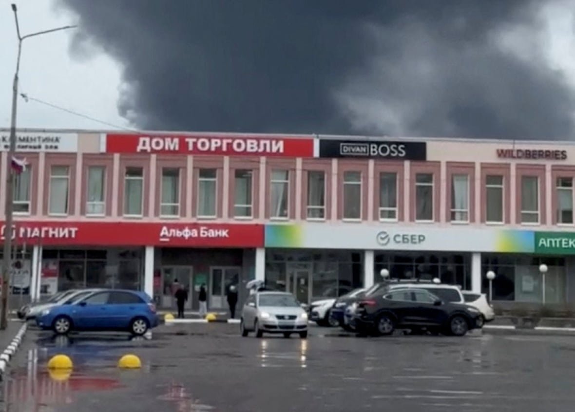 Smoke rises following what local authorities called a Ukrainian drone attack, in the , in in Russia's Murmansk region on June. 2. 
