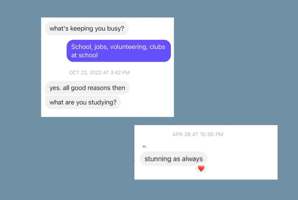 Text messages are shown in two screen shots. One exchange is about a person's schedule, the other says "stunning as always." 