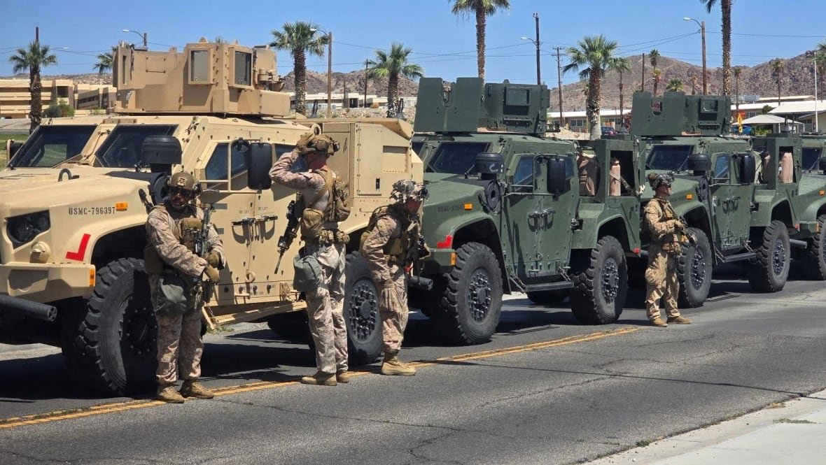 Men in military uniforms stand in front of military vehicles lining a street in an area with palm trees. 