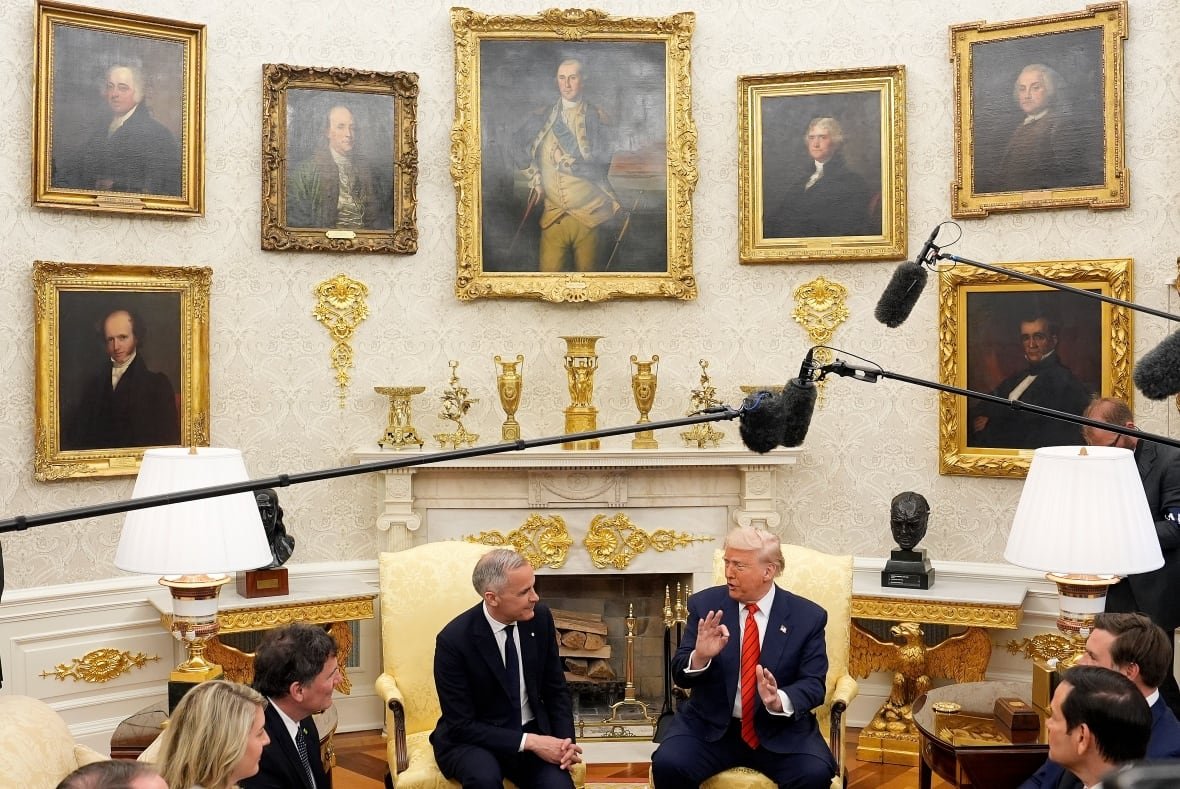Prime Minister Mark Carney and U.S. President Donald Trump engage in a meeting at the White House in Washington, D.C., Tuesday, May 6, 2025. 