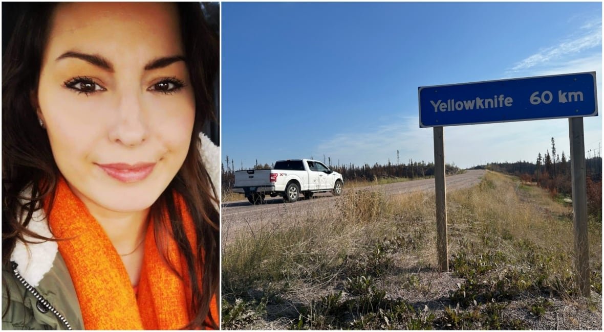 A composite image shows a smiling woman on the left and a stretch of highway under clear, blue skies next to a road sign that says Yellowknife 60 km. 