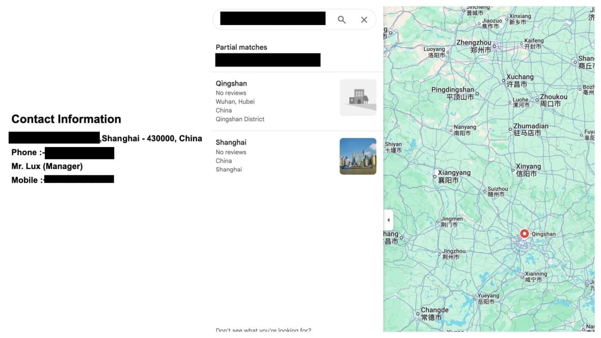 A composite images shows information about a fake address in China.