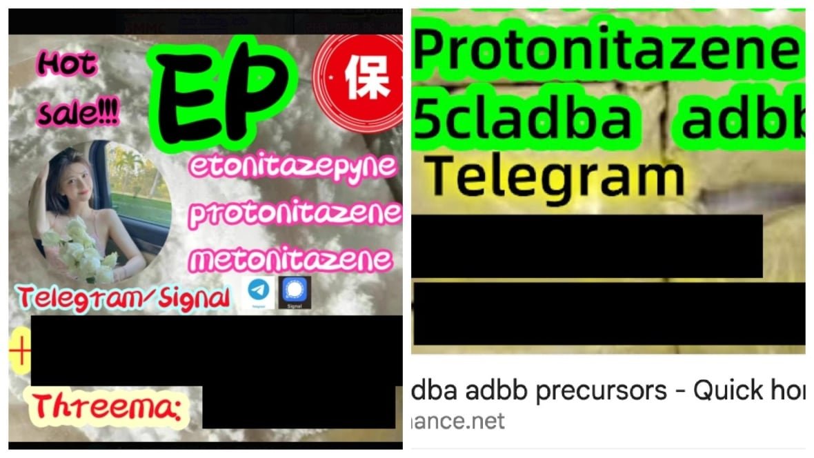 A composite images shows two online advertisements for nitazenes.