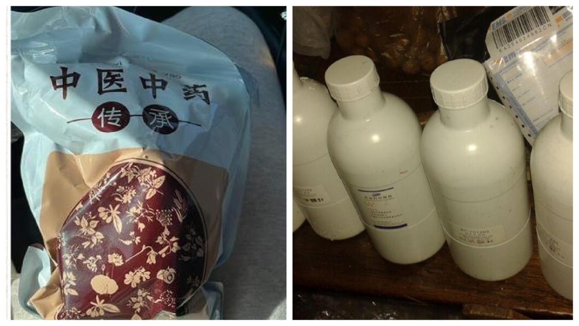 A composite image shows a bag of goods and a row of bottles.