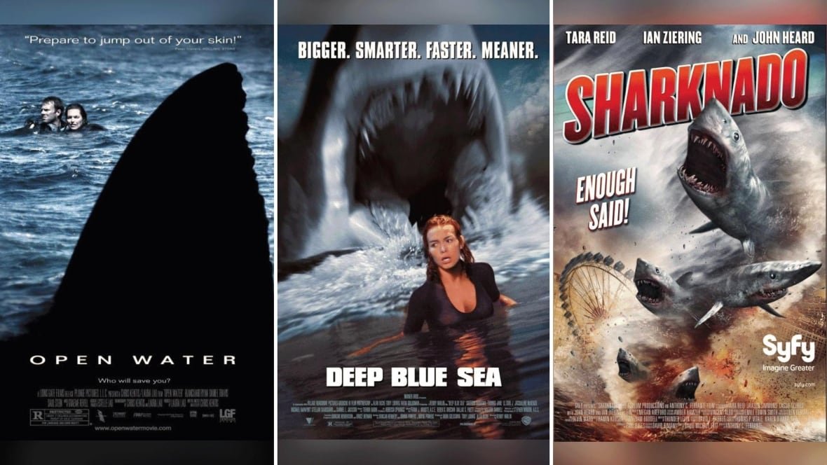 Three movie posters, from left to right; a poster showing a large shark fin in the water with a man and woman swimming in the background; a poster with a woman standing in water with a large shark mouth behind her; a poster with tornado full of sharks. 