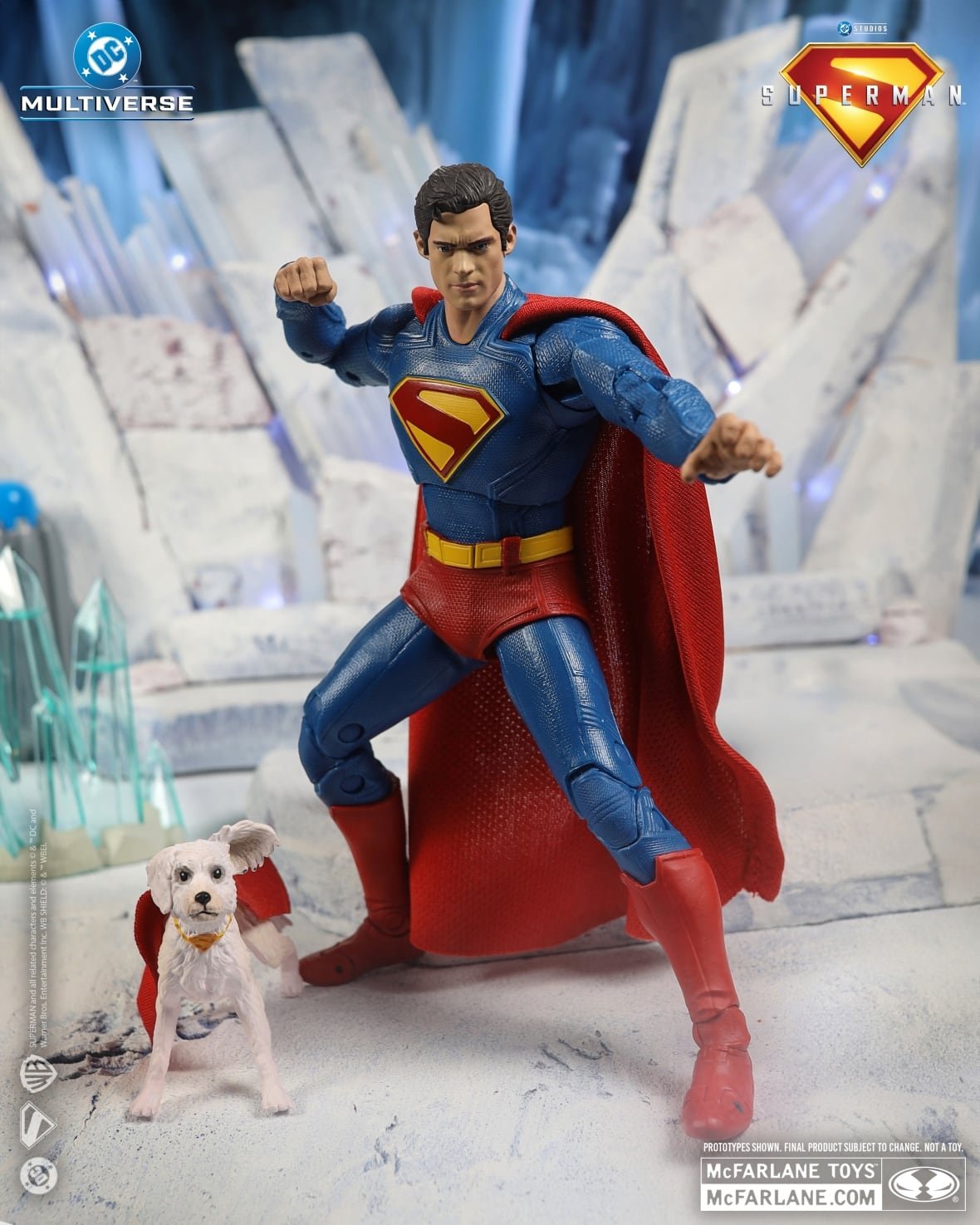 A photo of action figure versions of Superman and his dog Krypto.