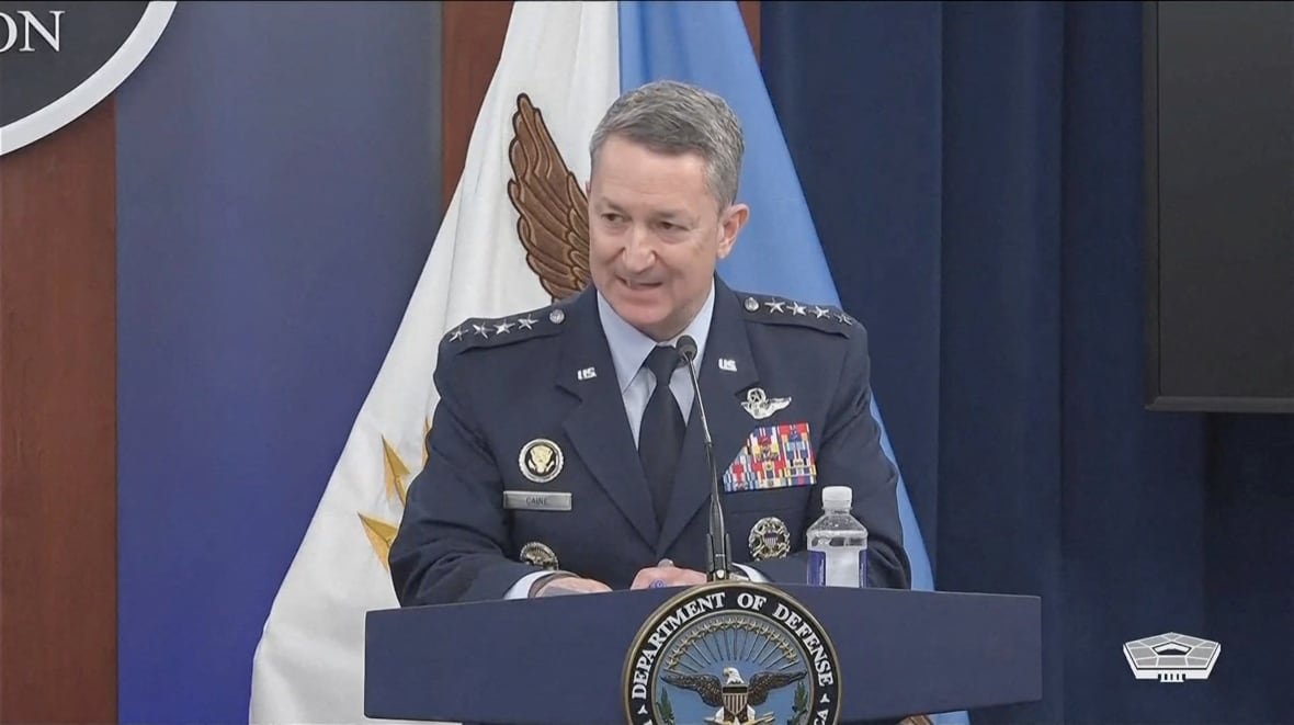 Chairman of the Joint Chiefs of Staff, U.S. Air Force General Dan Caine holds a briefing with Secretary of Defense Pete Hegseth (not pictured) at the Pentagon, after the U.S. struck Iranian nuclear facilities, during the Israel-Iran conflict, in Arlington, Virginia, U.S., June 22, 2025 in this still image taken from video. 