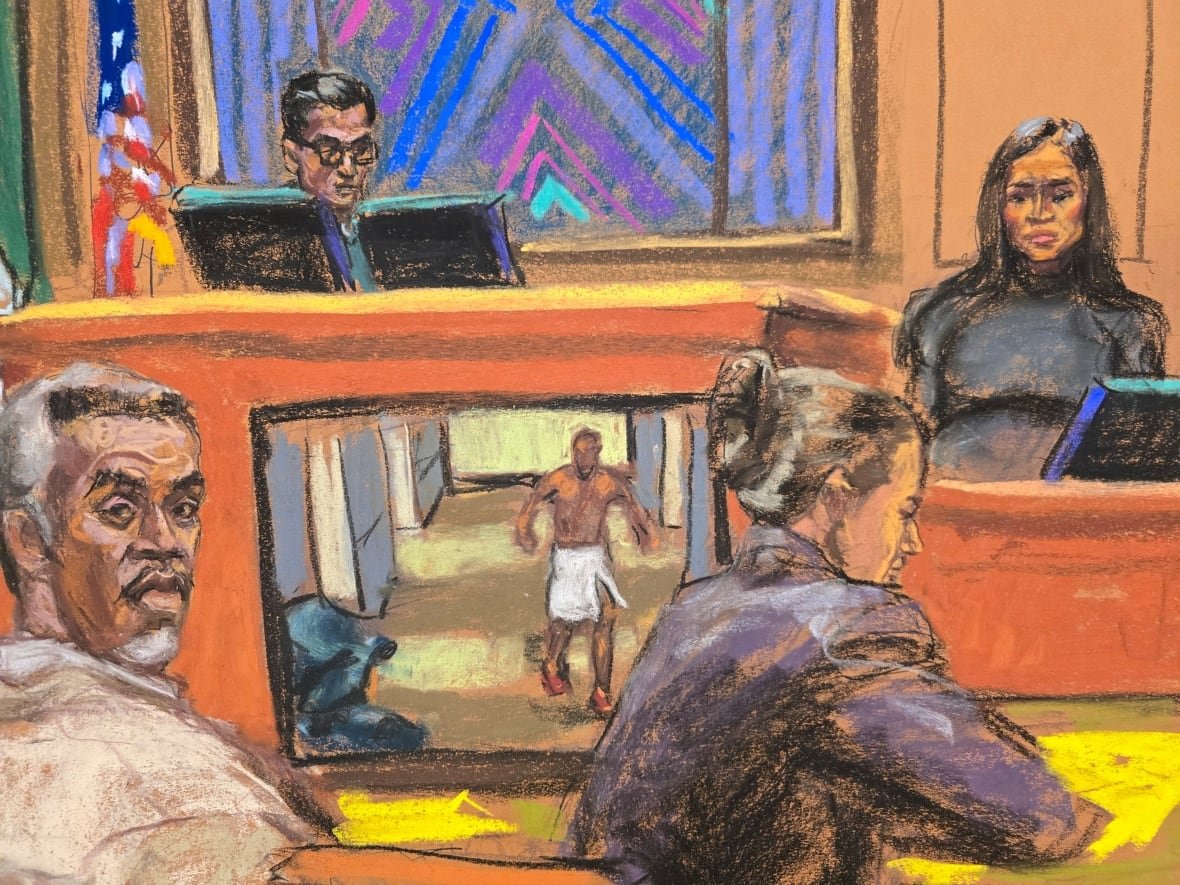 A courtroom sketch of a man with grey hair and beard sitting in front of a TV screen that shows a video of the same man walking in a hotel hallway wearing only a white towel. Beside him is a woman in a purple suit, sitting with her back turned. In the background, a woman in a black outfit sits on a court witness stand next to a male judge sitting behind the court bench. 