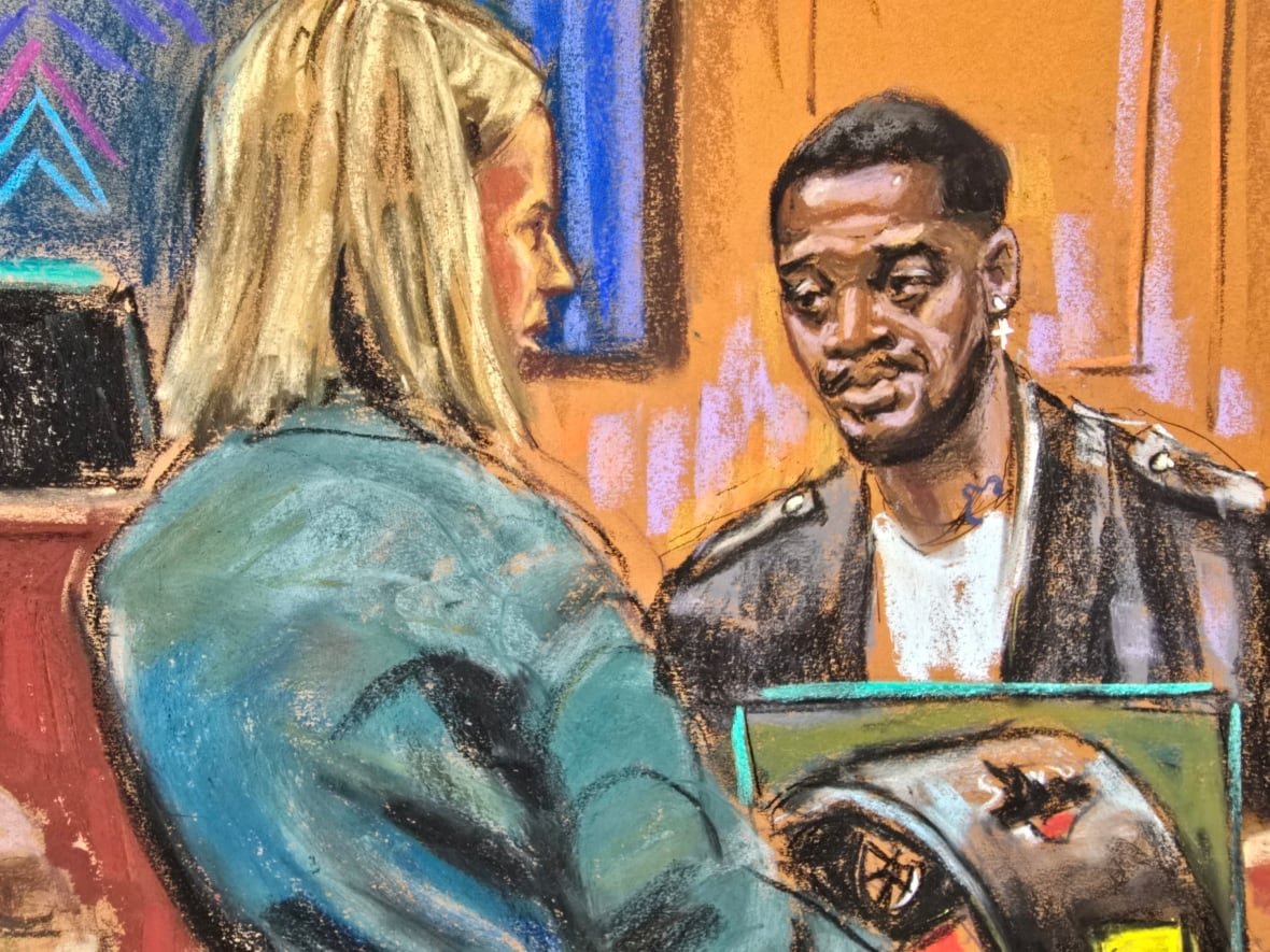 A courtroom sketch of a man on the witness stand as a woman stands in front of him showing an image on a screen. 