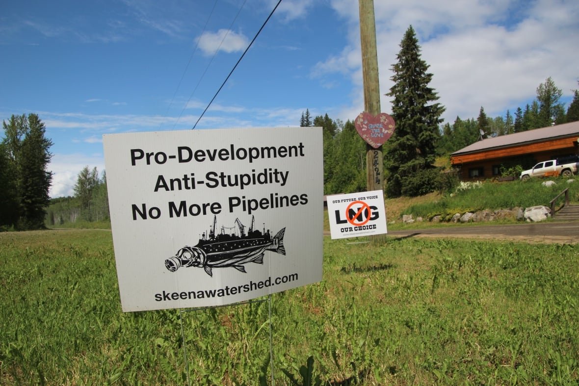A pipeline protest sign is pictured on the side of the road. Just behind it is a sign with a "no" symbol overlaying the words "LNG."