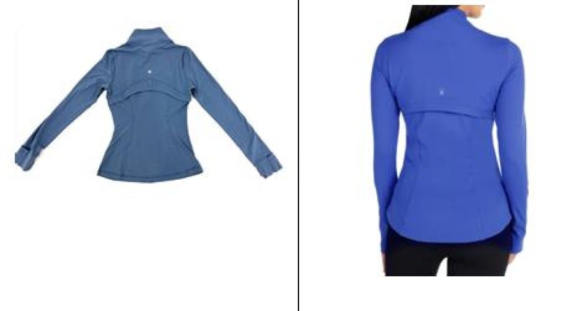 Two jackets are pictured side by side, one a light blue and one in purple. both have similar arched lines across the back.