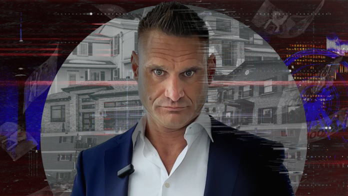 A composite photo of a man looking straight ahead with buildings and money in the background. 