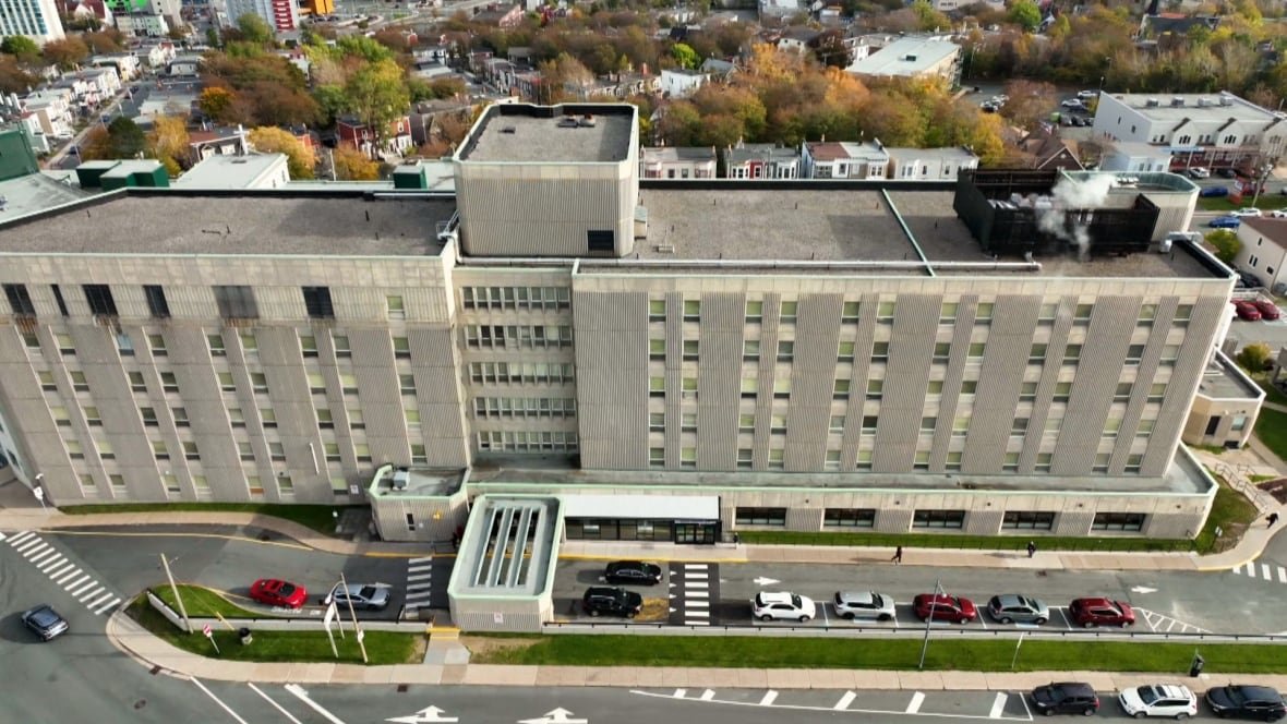 An aerial view of a hospital.