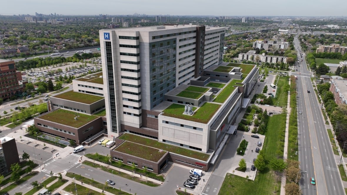 Aerial drone shot of Humber River Hospital.