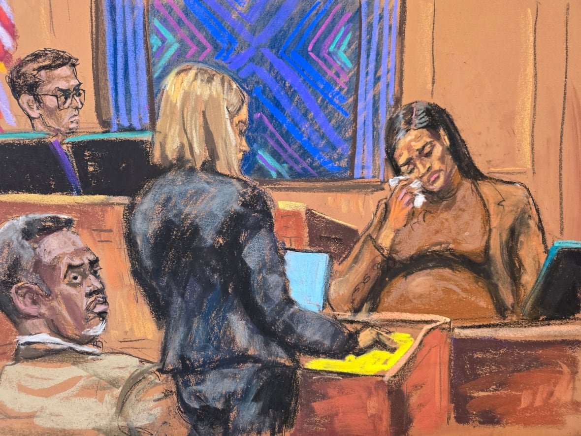 A drawing shows a woman seated in a witness box, wiping her eyes with a tissue. A person in a suit is standing, facing her, and a judge sits at the left side. In the bottom left side, a man's face is visible, looking away from the witness. 