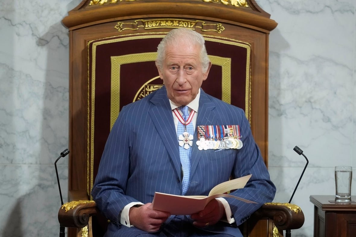 King Charles delivers the speech from the throne in the Senate in Ottawa on Tuesday, May 27, 2025.