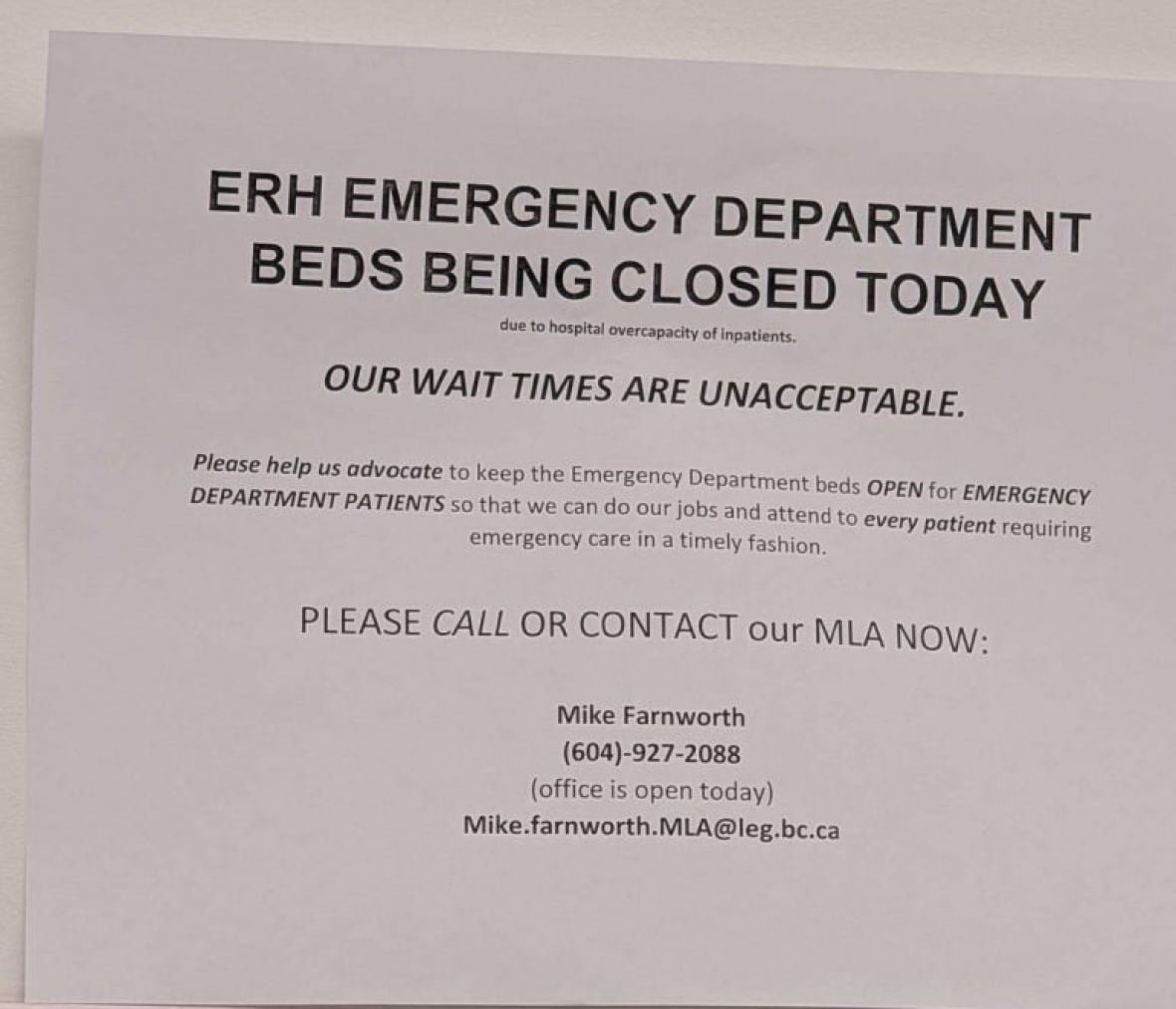 A photo that circulated online of the sign posted by emergency room physicians at Eagle Ridge hospital in Port Moody on Nov.18, 2024.