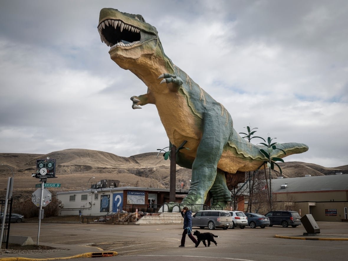 Tyra the Tyrannosaurus, the lovable landmark that towers over the Drumheller skyline in the heart of the Canadian Badlands, is facing an extinction-level event and is pictured in Drumheller, Alta., Tuesday, April 1, 2025.