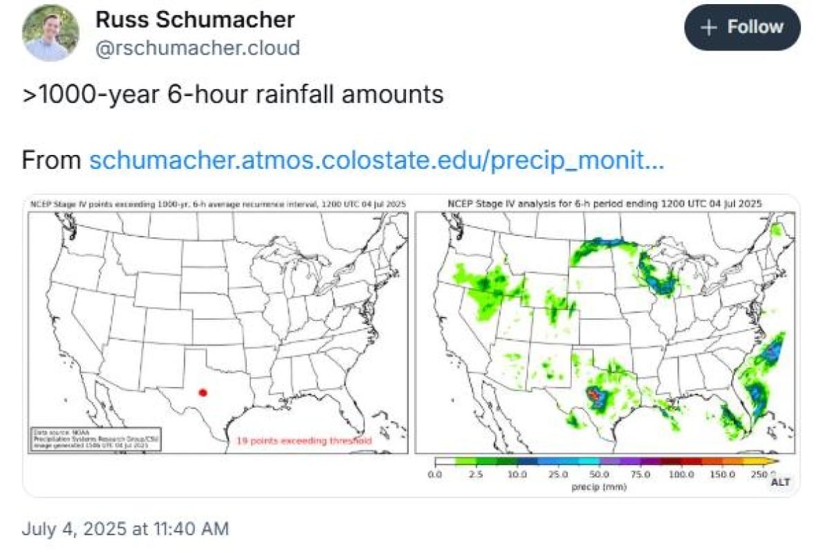 Maps of U.S. with a red dot showing extreme rainfall in Texas