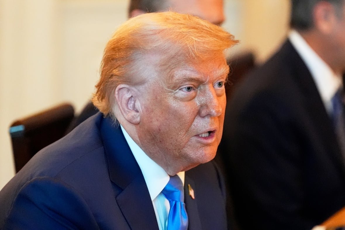 A close-up of U.S. President Donald Trump, as seen during a meeting with Israeli Prime Minister Benjamin Netanyahu at the White House.
