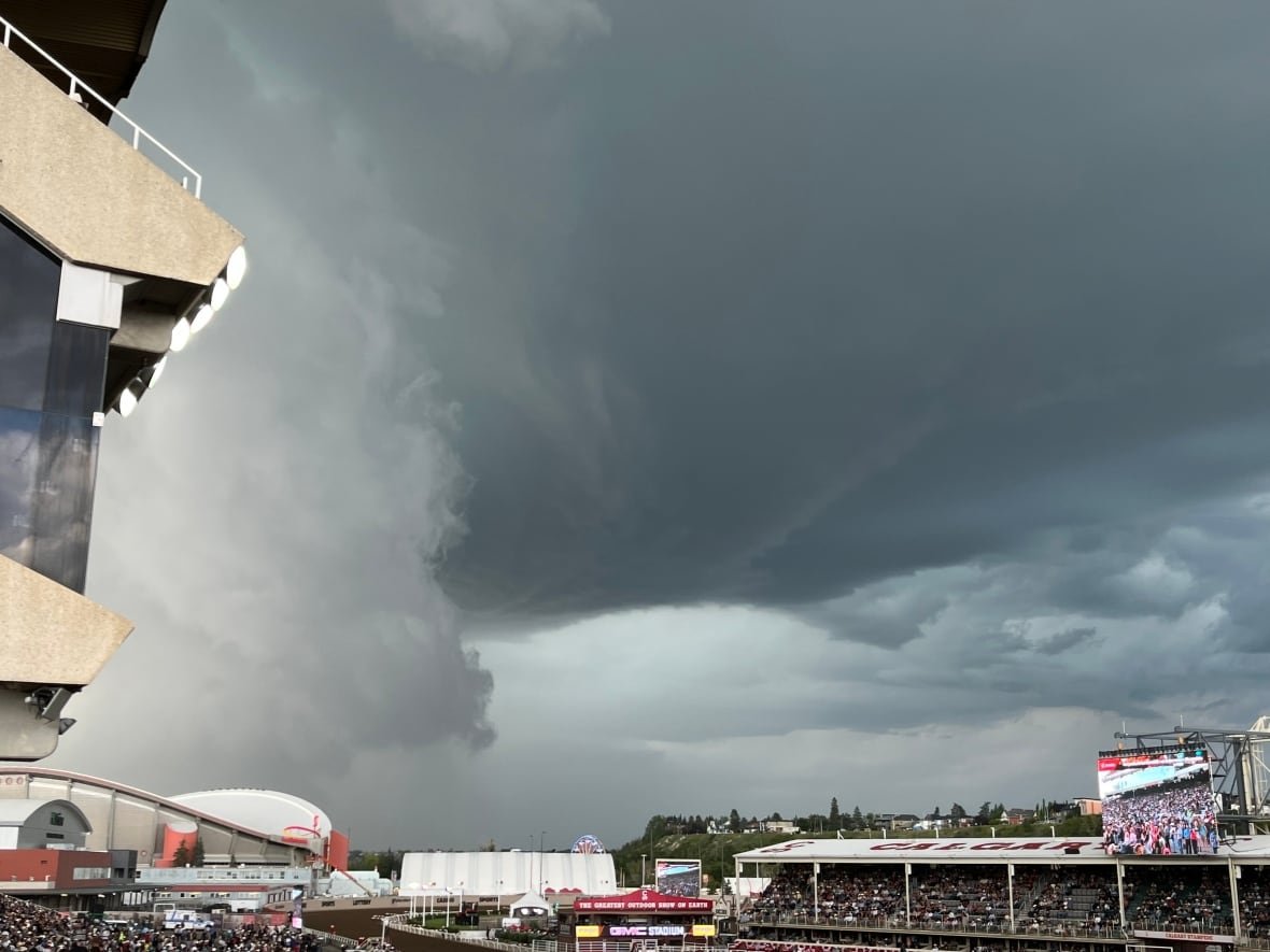 Storm clouds loomed over the Calgary Stampede on Sunday evening.