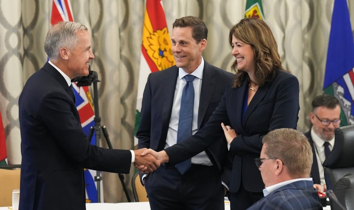 a man and woman smile and shake hands, and another man stands between them