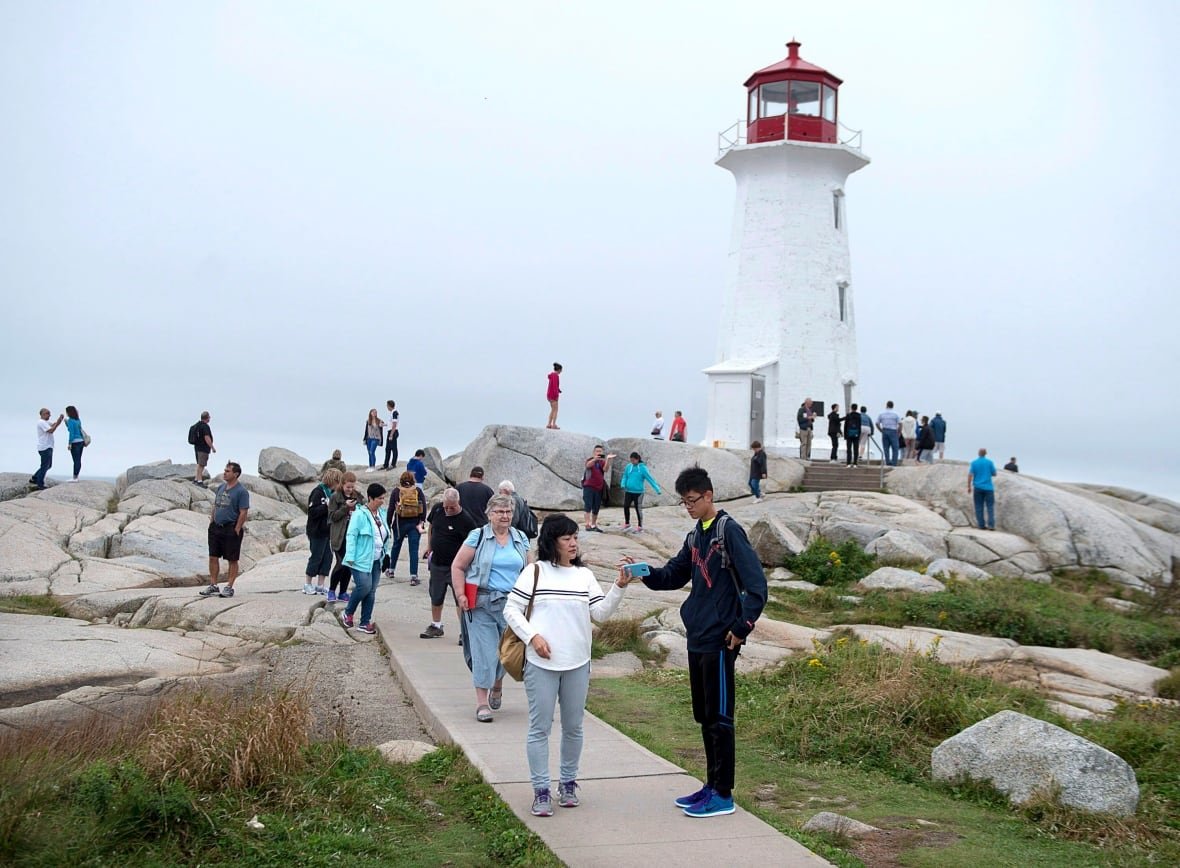 People walk on rocks in front of a lighthouse
