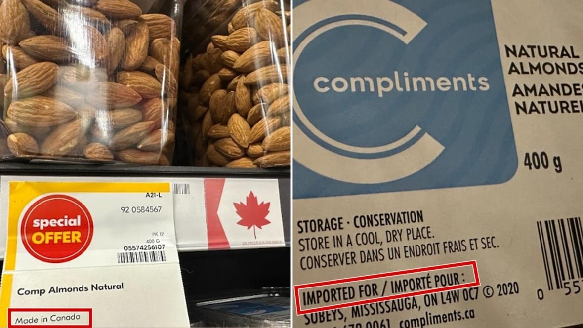 Raw almonds displayed at a Toronto Sobeys store with a red maple leaf symbol and a "Made in Canada" declaration. The almonds' packaging shows the product is imported. 