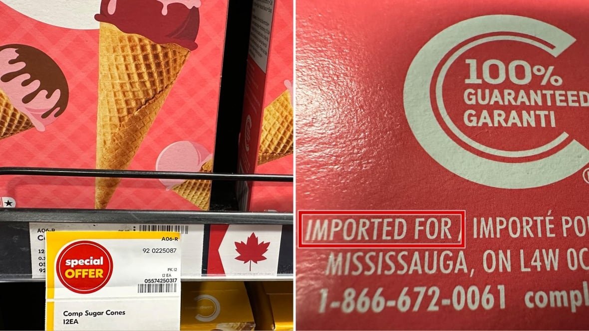 A box of ice cream cones displayed at a Toronto Sobeys store with a red maple leaf. The products' packaging said the product was imported. 