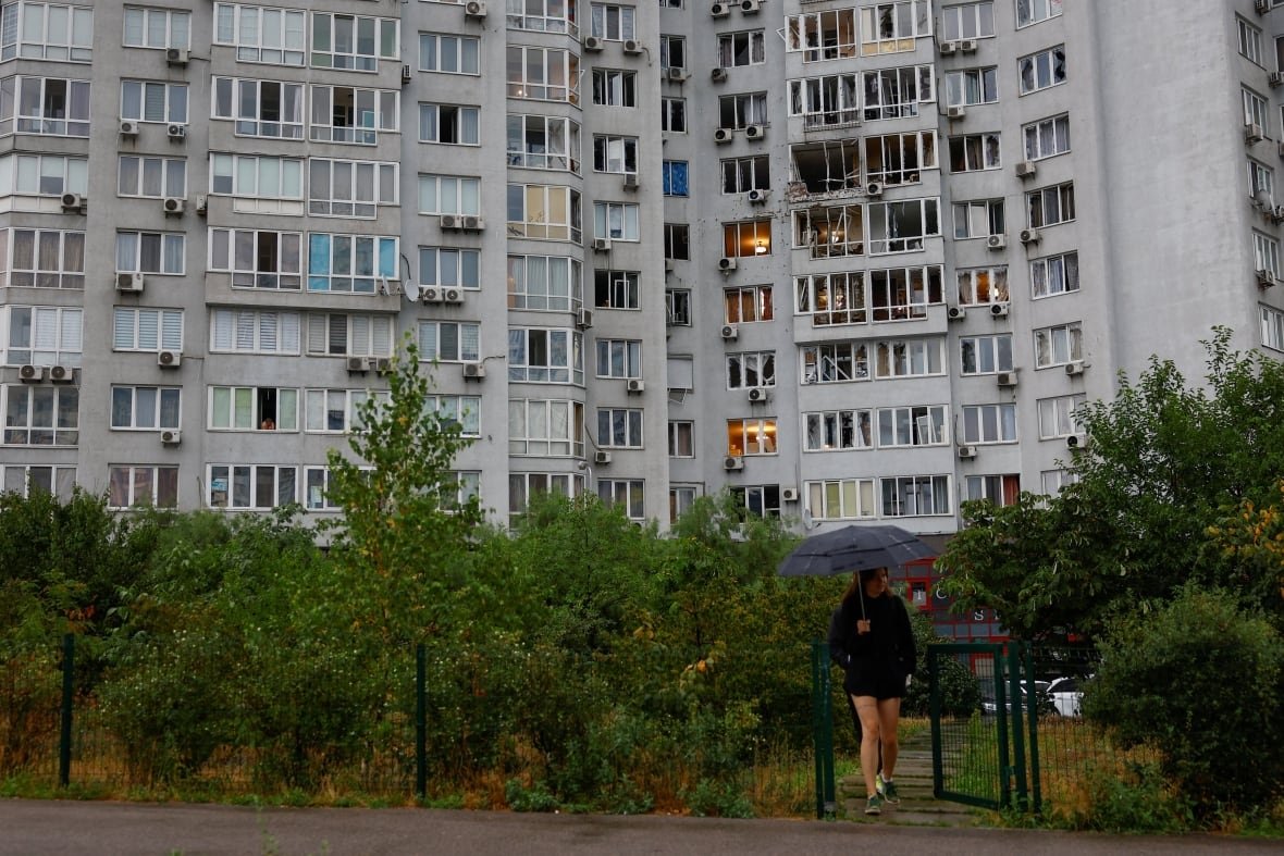 A view of a Kyiv apartment building that was damaged by a Russian drone strike.
