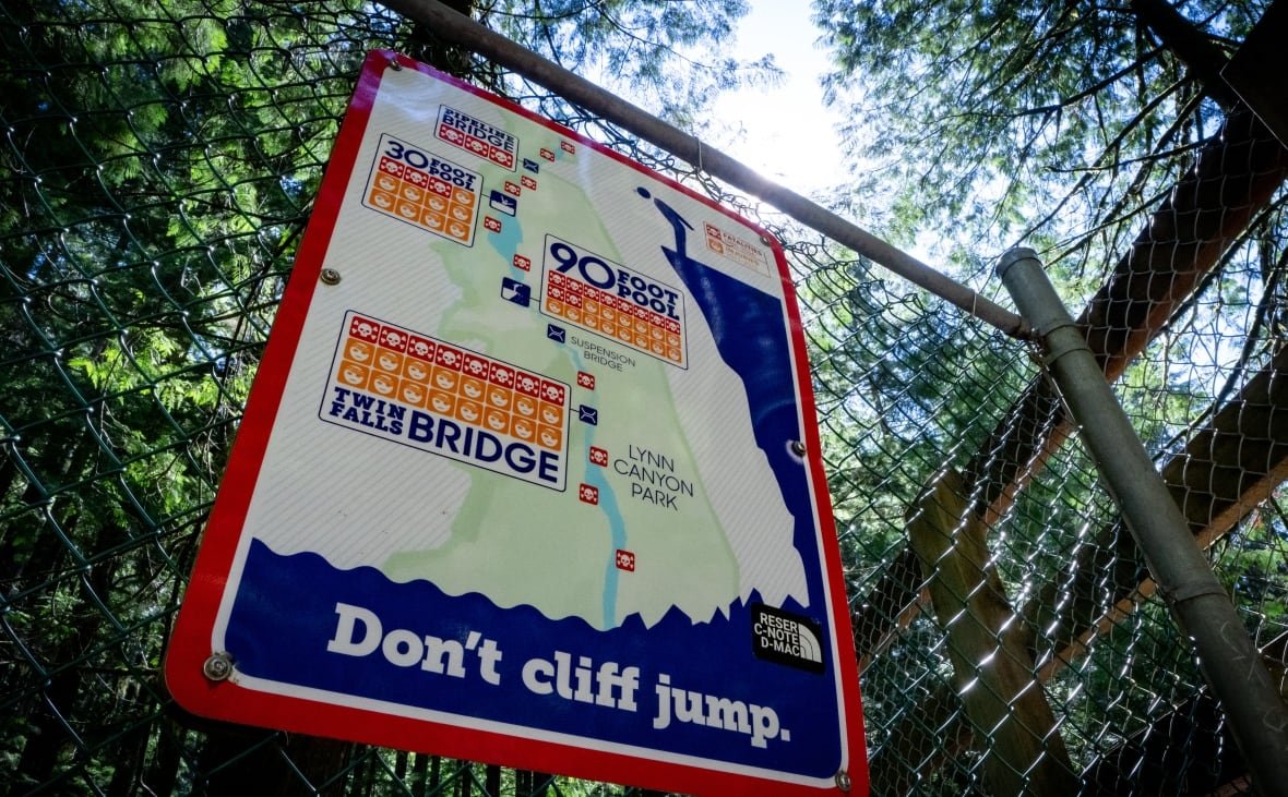 A sign attached to a fence shows a map of a canyon and markers at various points to show how many people have died or been injured.