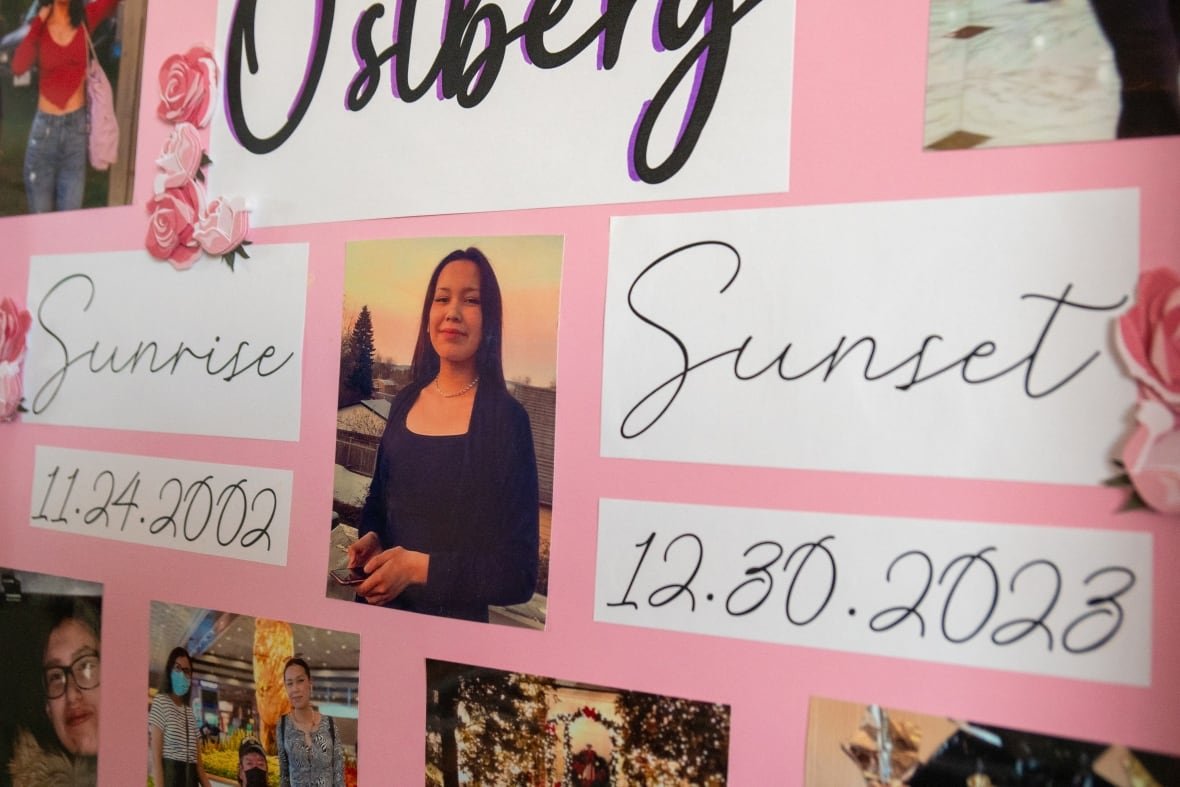 A close-up of a collage of photos on pink Bristol board.