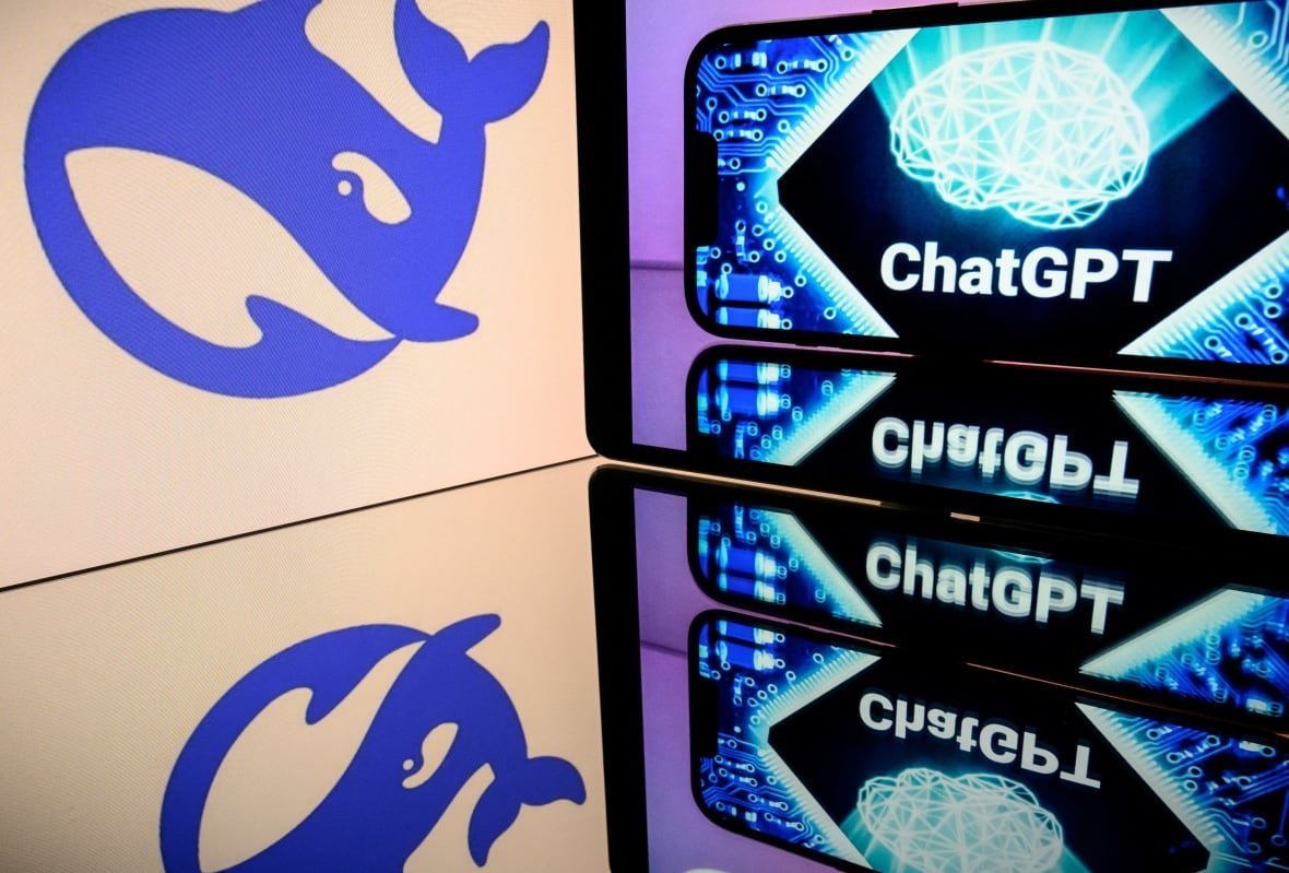 A photograph shows screens displaying the logo of DeepSeek, a Chinese artificial intelligence company which develops open-source large language models, and the logo of OpenAI's artificial intelligence chatbot ChatGPT in Toulouse, southwestern France on January 29, 2025.