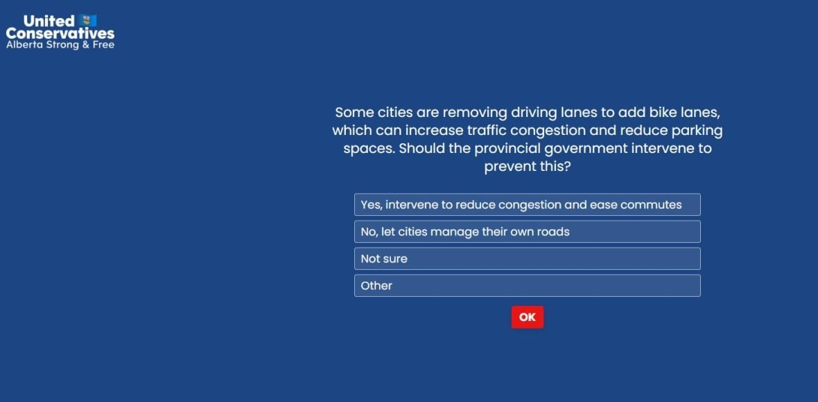 a multiple choice online survey about bike lanes in Alberta cities.