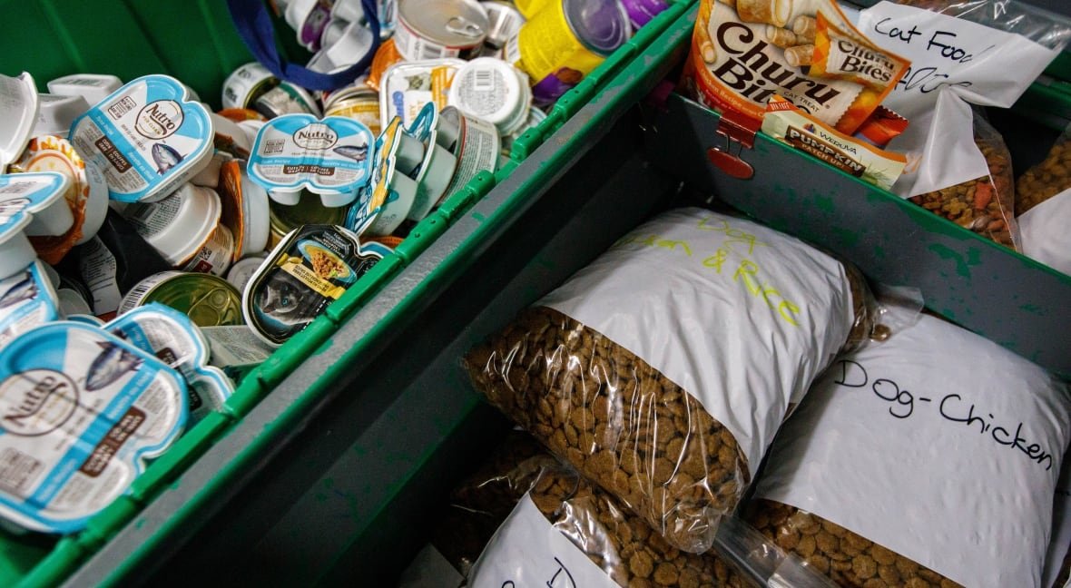 Bags of dry pet food are piled up next to a container full of pet food tins. 