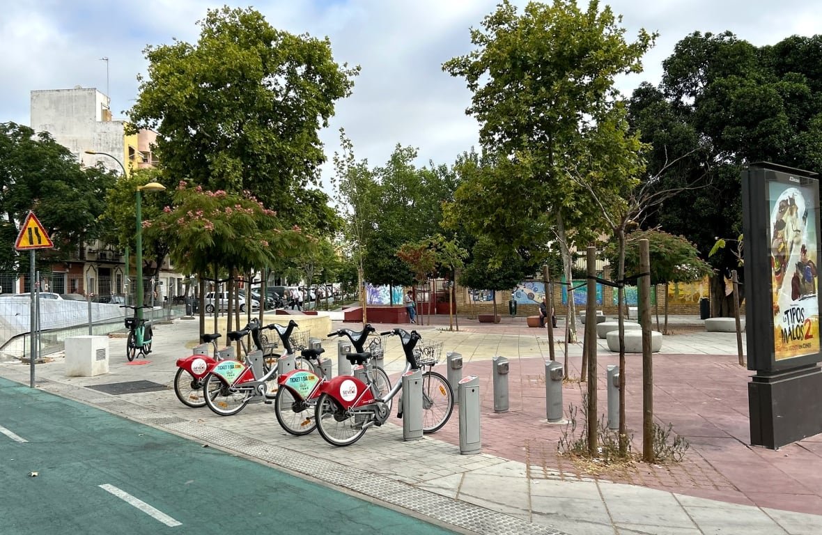 A European plaza with bikes.