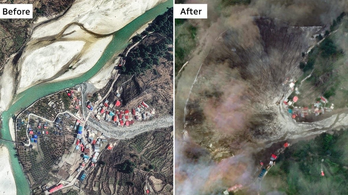Satellite imagery showing, on the left, a mountain village along a river and, on the right, that same village and river covered in a mud and debris. 